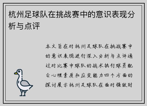杭州足球队在挑战赛中的意识表现分析与点评