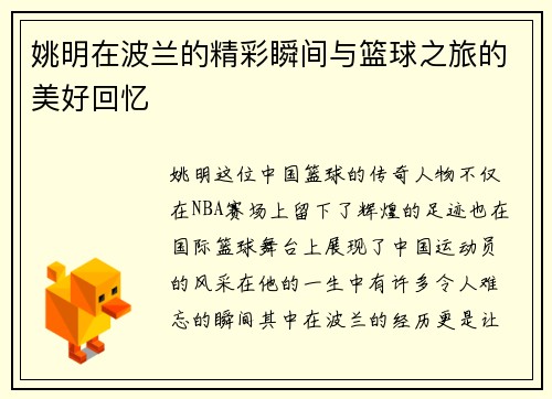 姚明在波兰的精彩瞬间与篮球之旅的美好回忆