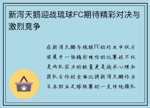 新泻天鹅迎战琉球FC期待精彩对决与激烈竞争