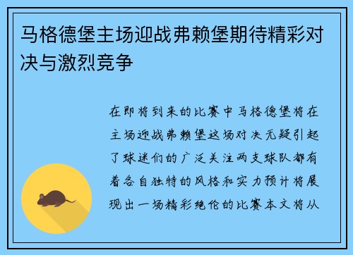 马格德堡主场迎战弗赖堡期待精彩对决与激烈竞争
